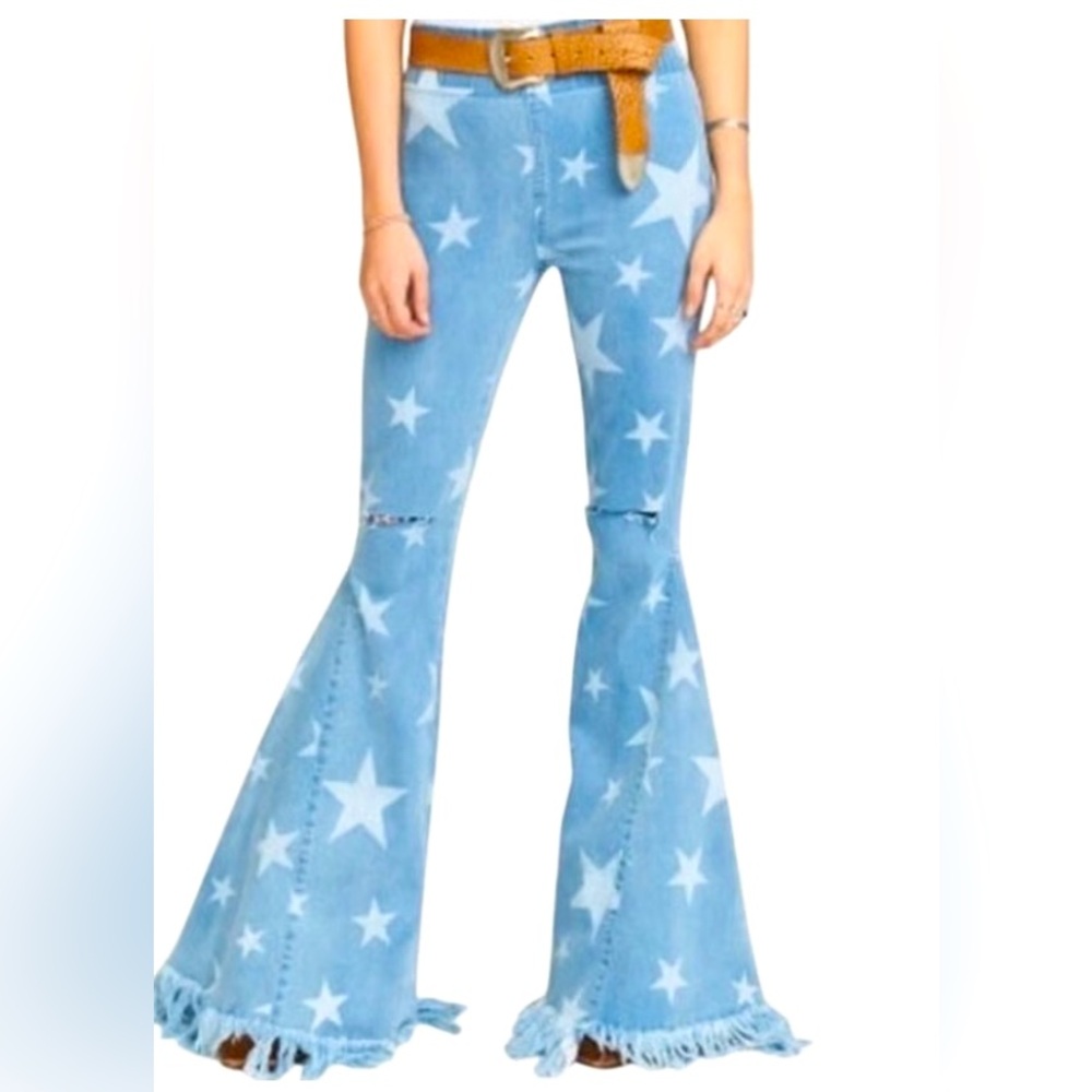 Show me your mumu Blue Star Pattern Flared bell bottom Jeans Small